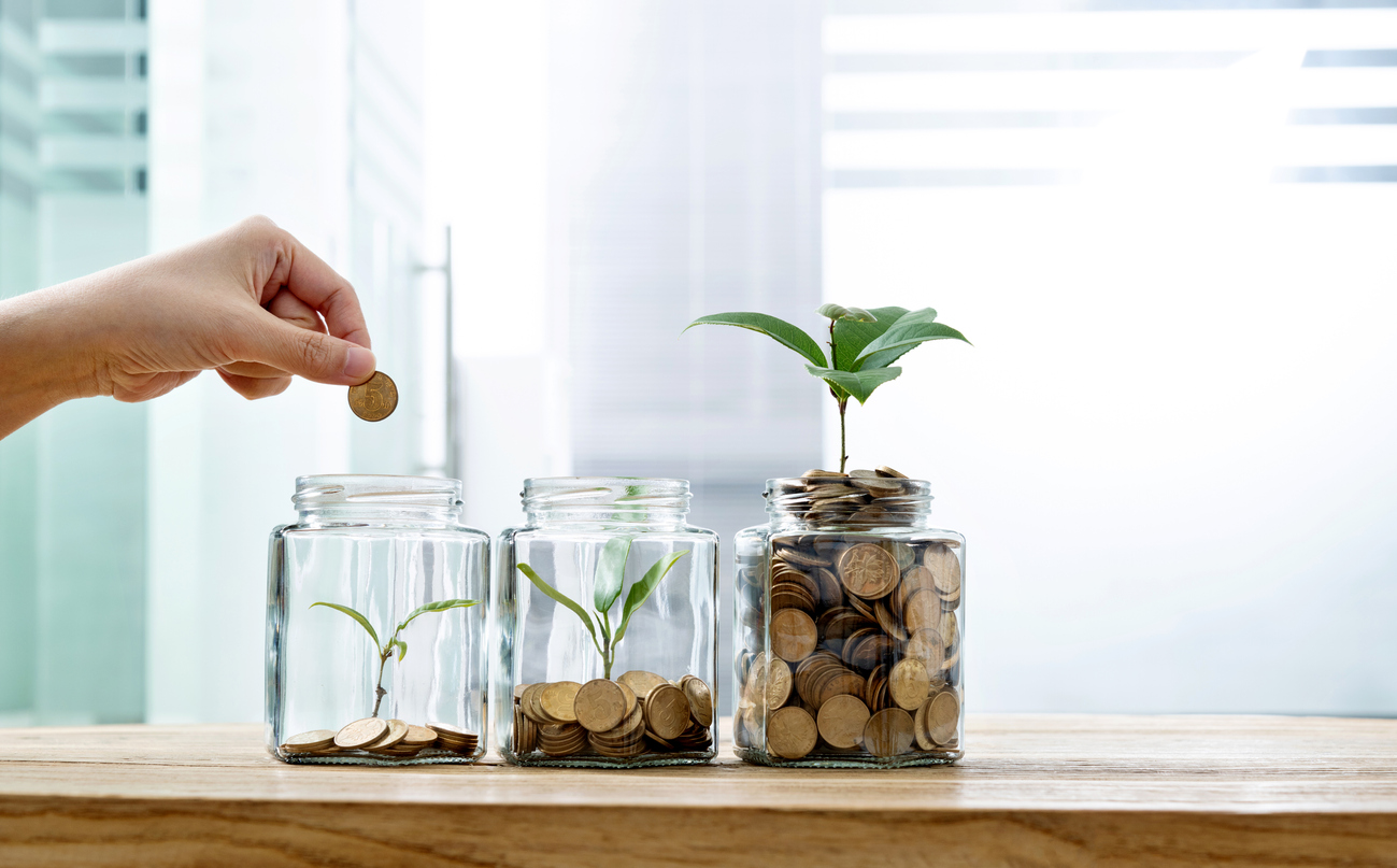 3 glass jars full of coins with a plant on top